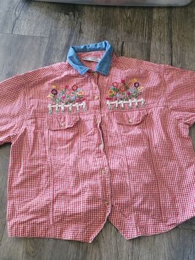 Red Gingham Button-Up Shirt with Floral Embroidery